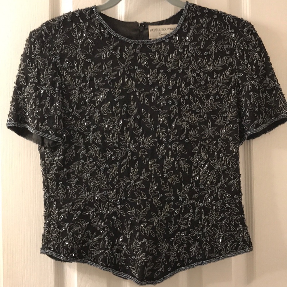 Beaded Short Sleeve Top with Zippered Back
